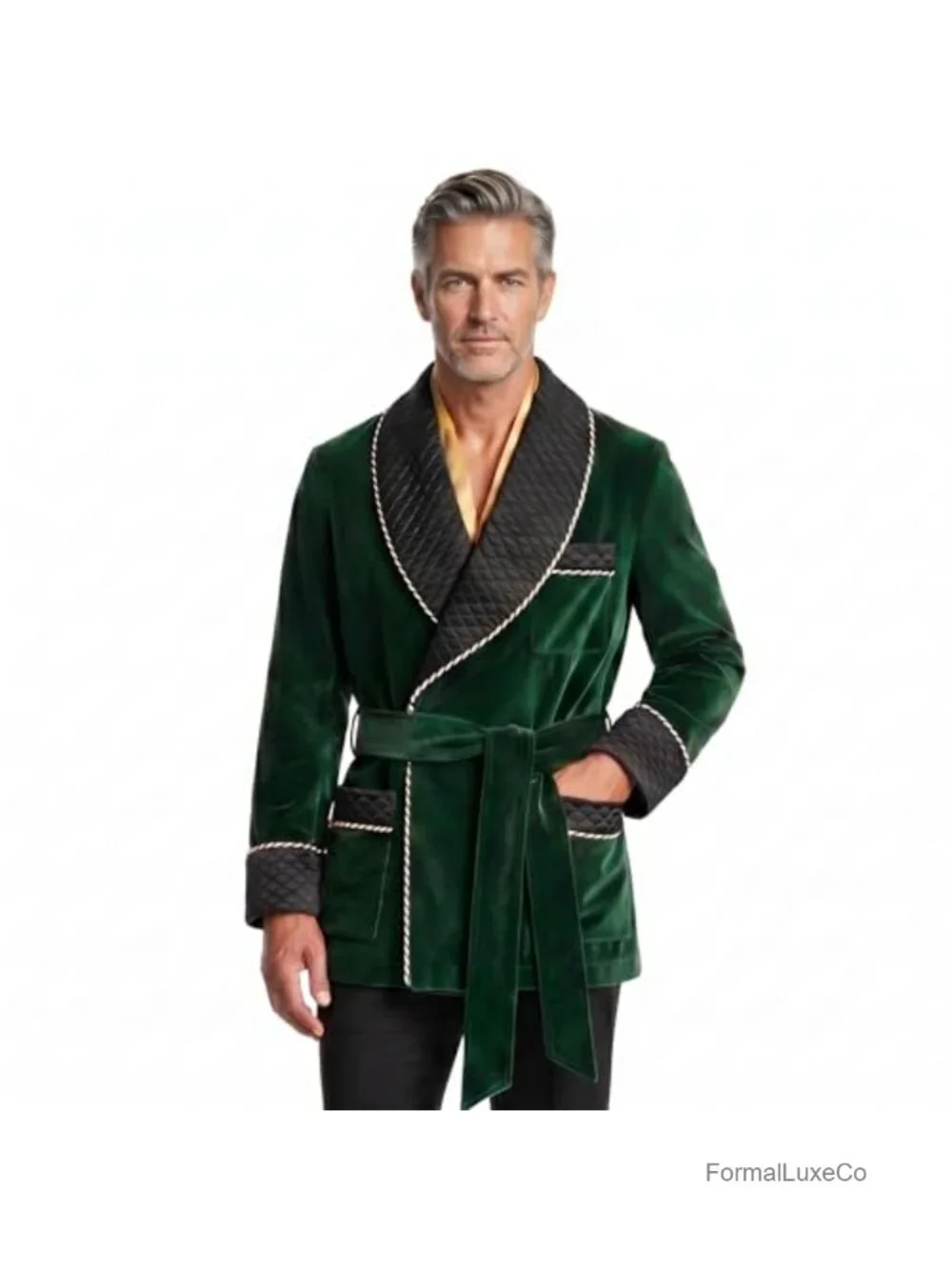 Men's Velvet Smoking Jacket Shawl Lapel Belted Blazer Coat